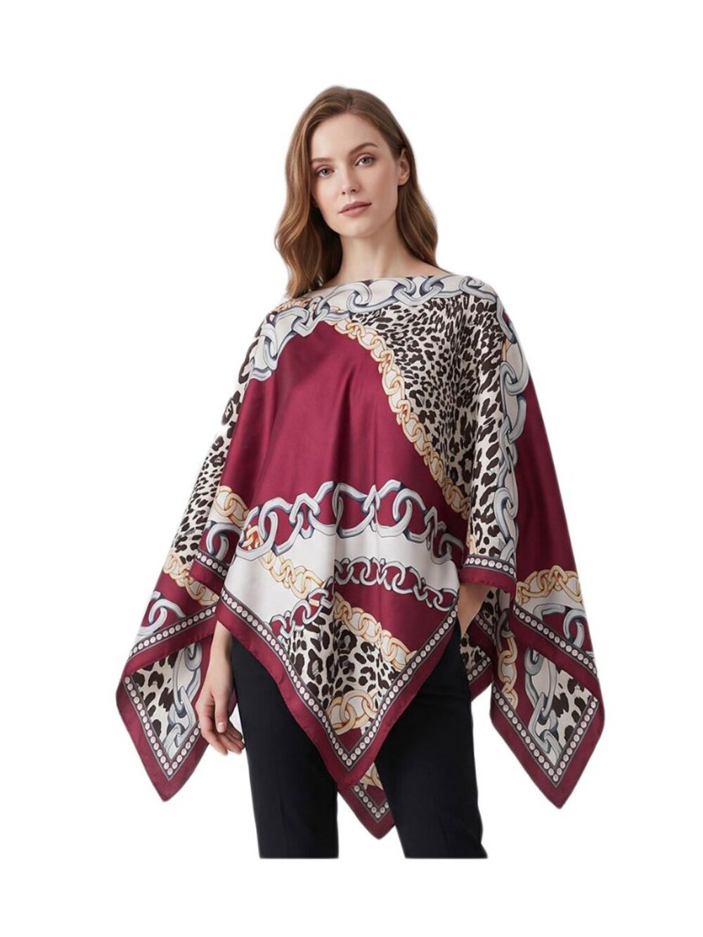 Tigerstars Burgundy Leopard Chain Print Scarf Poncho